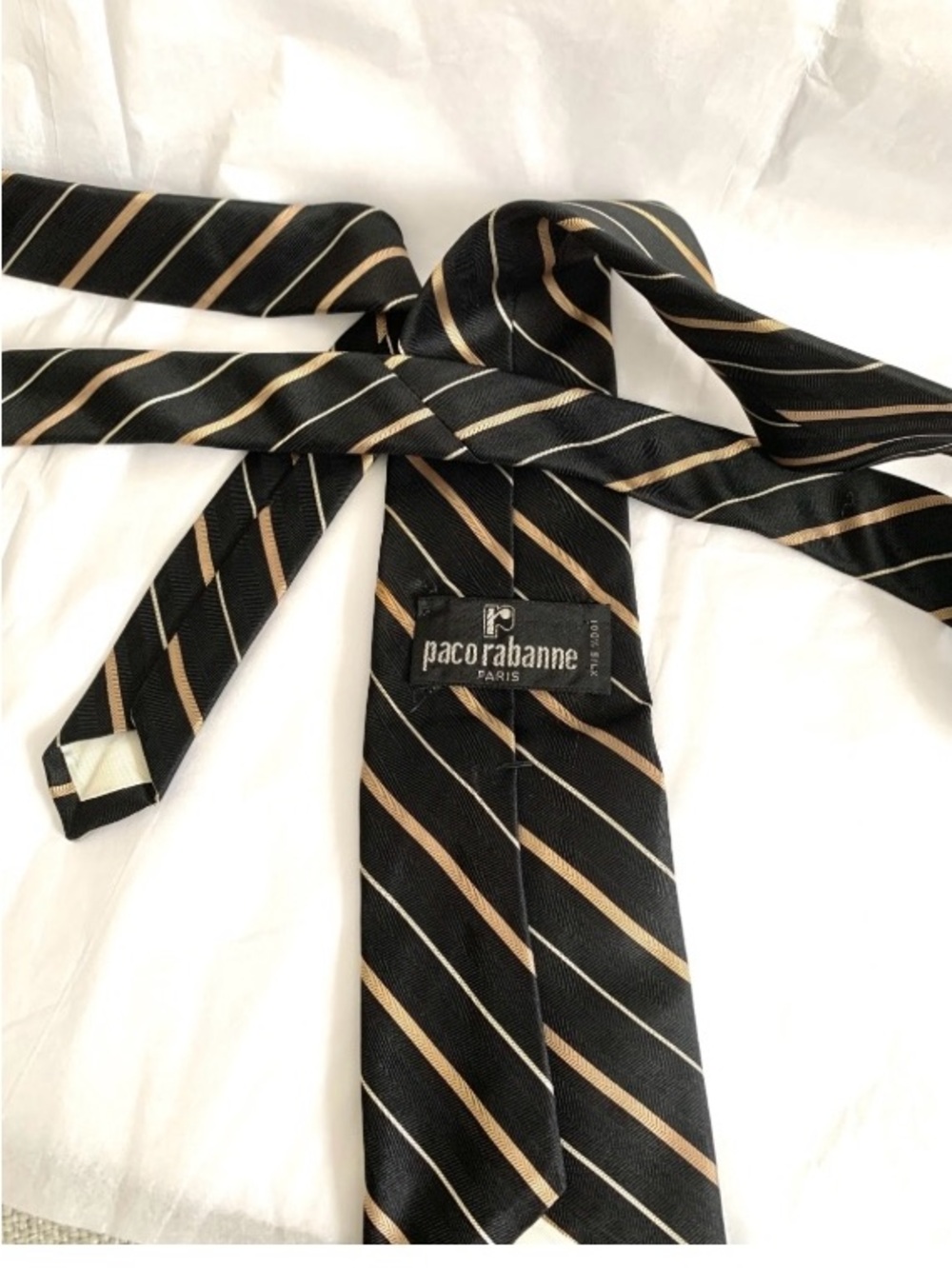Paco Rabanne Black Tie with Gold and Cream Diagonal Stripes 100% silk